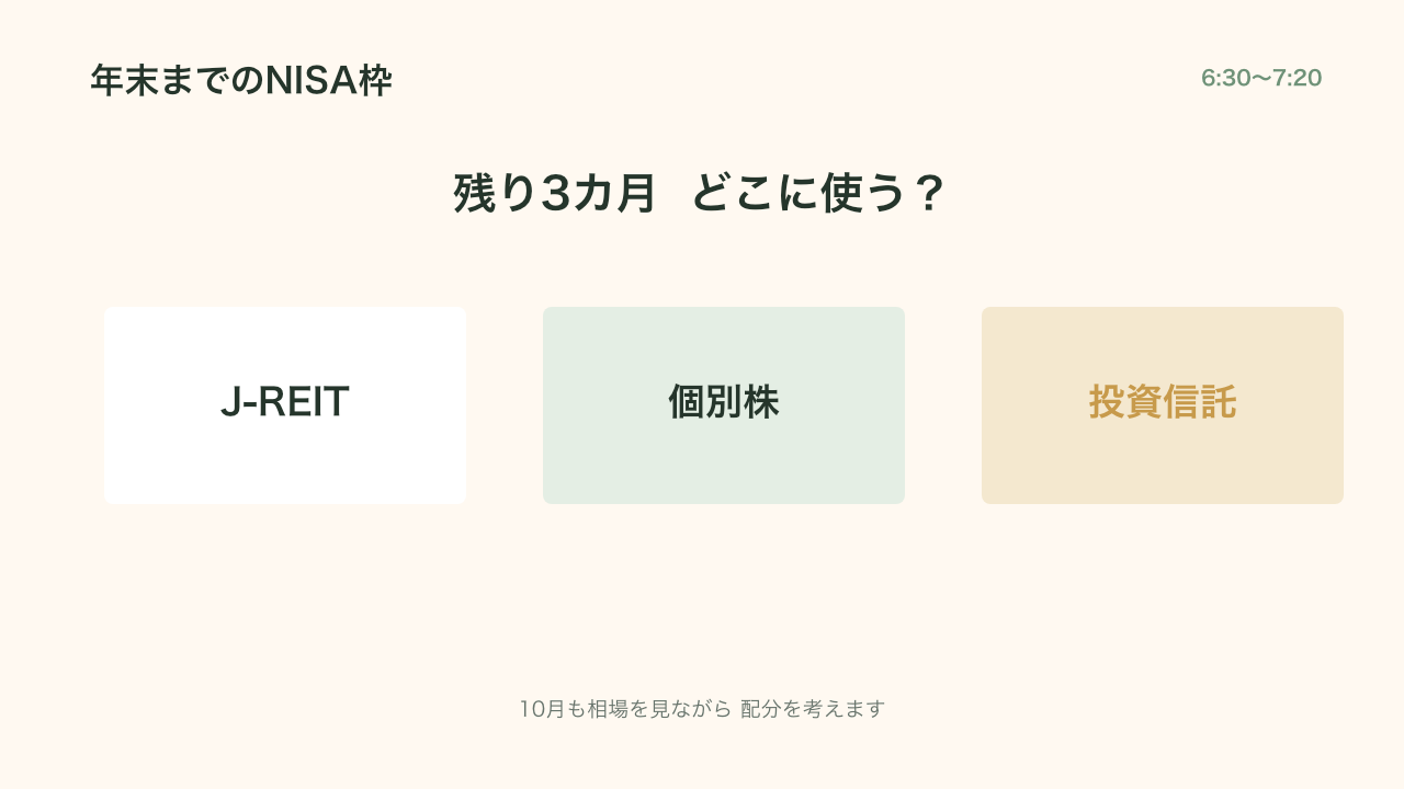 年末までのNISA枠をJ-REIT、個別株、投資信託のどこに使うか